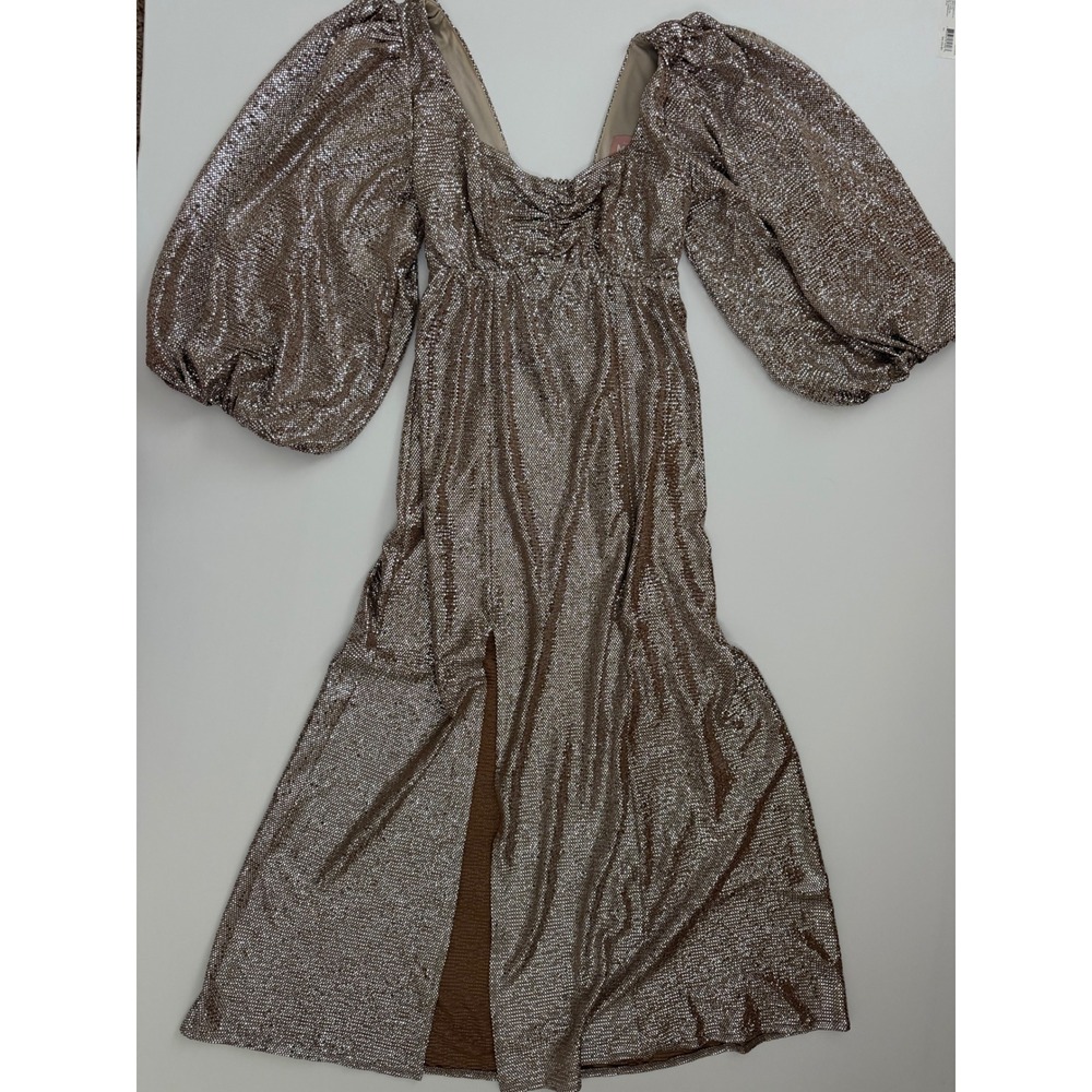 Show Me Your Mumu Rose Gold Metallic Puff Sleeve Midi Dress Sweetheart Neck M